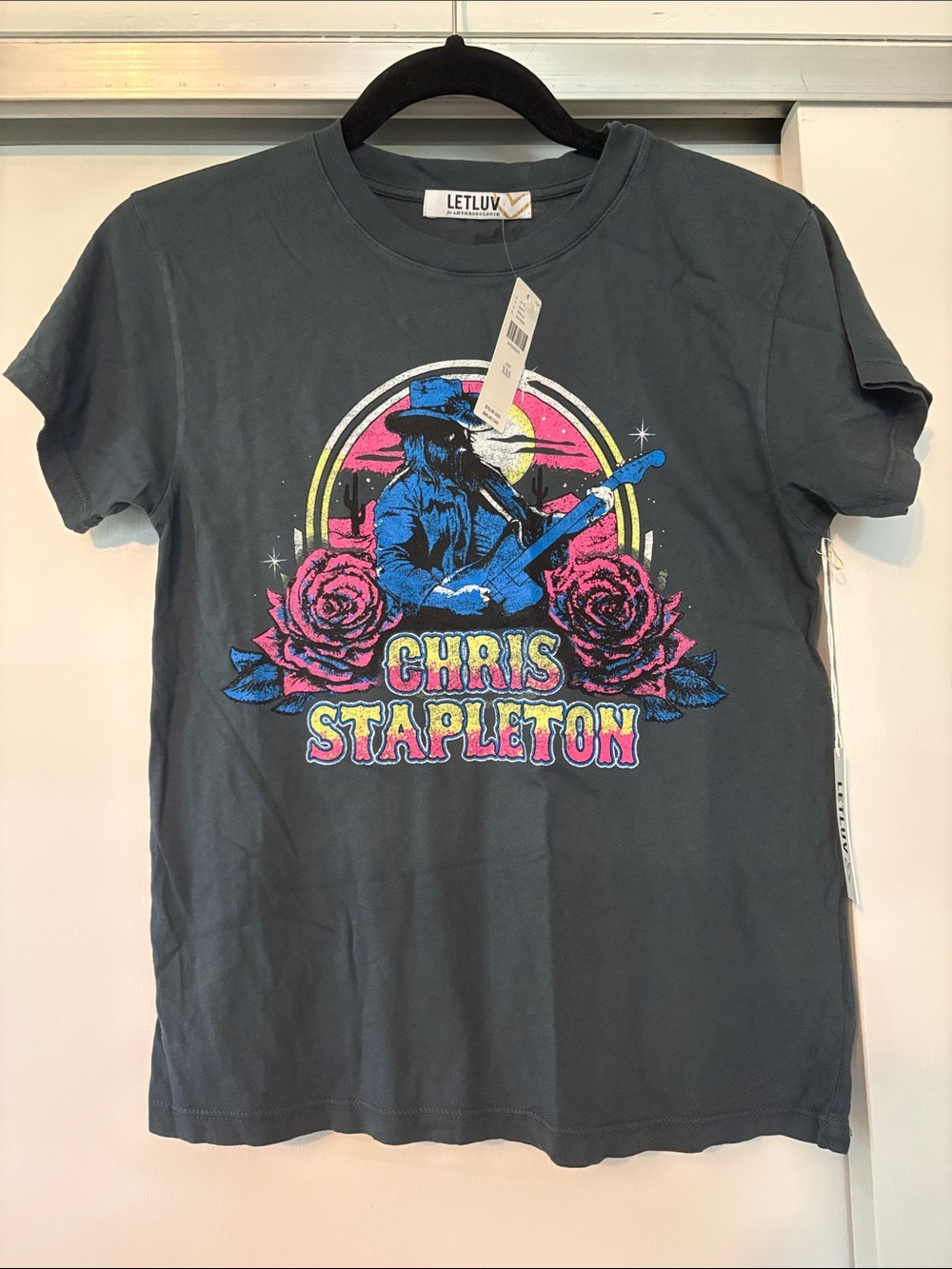 NWT Letluv Anthropologie Chris Stapleton oversize XXS Charcoal Graphic Tee Flaw